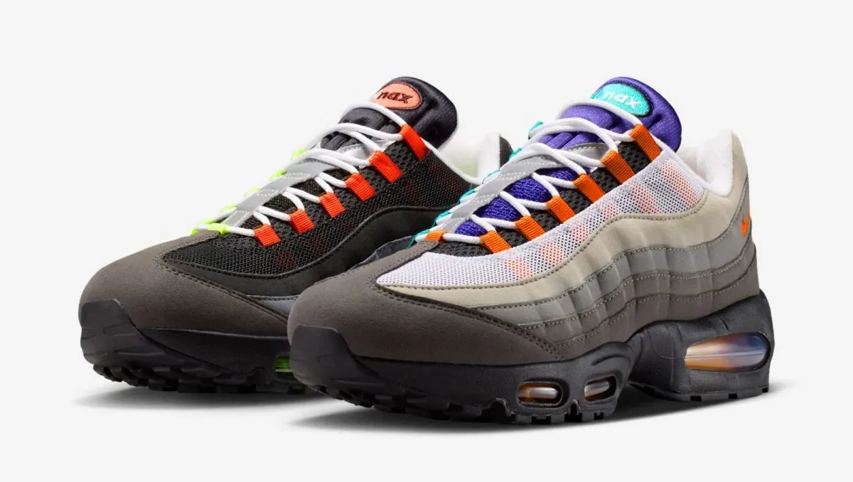 Nike Air Max 95 Greedy pair in White, Medium Ash, Bright Mandarin, Black and Neon accents.