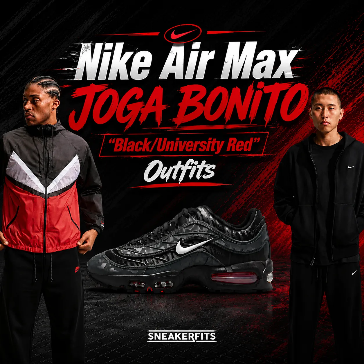 Nike Air Max Joga Bonito Black University Red sneakers with matching Nike apparel outfit ideas.