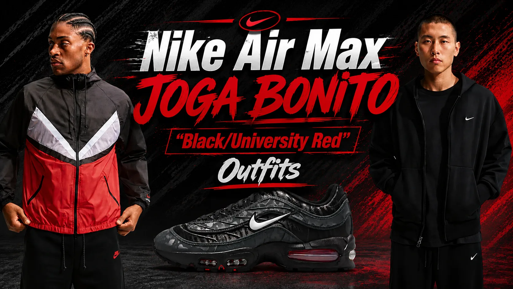 Nike Air Max Joga Bonito Black University Red sneakers with matching Nike apparel outfit ideas.