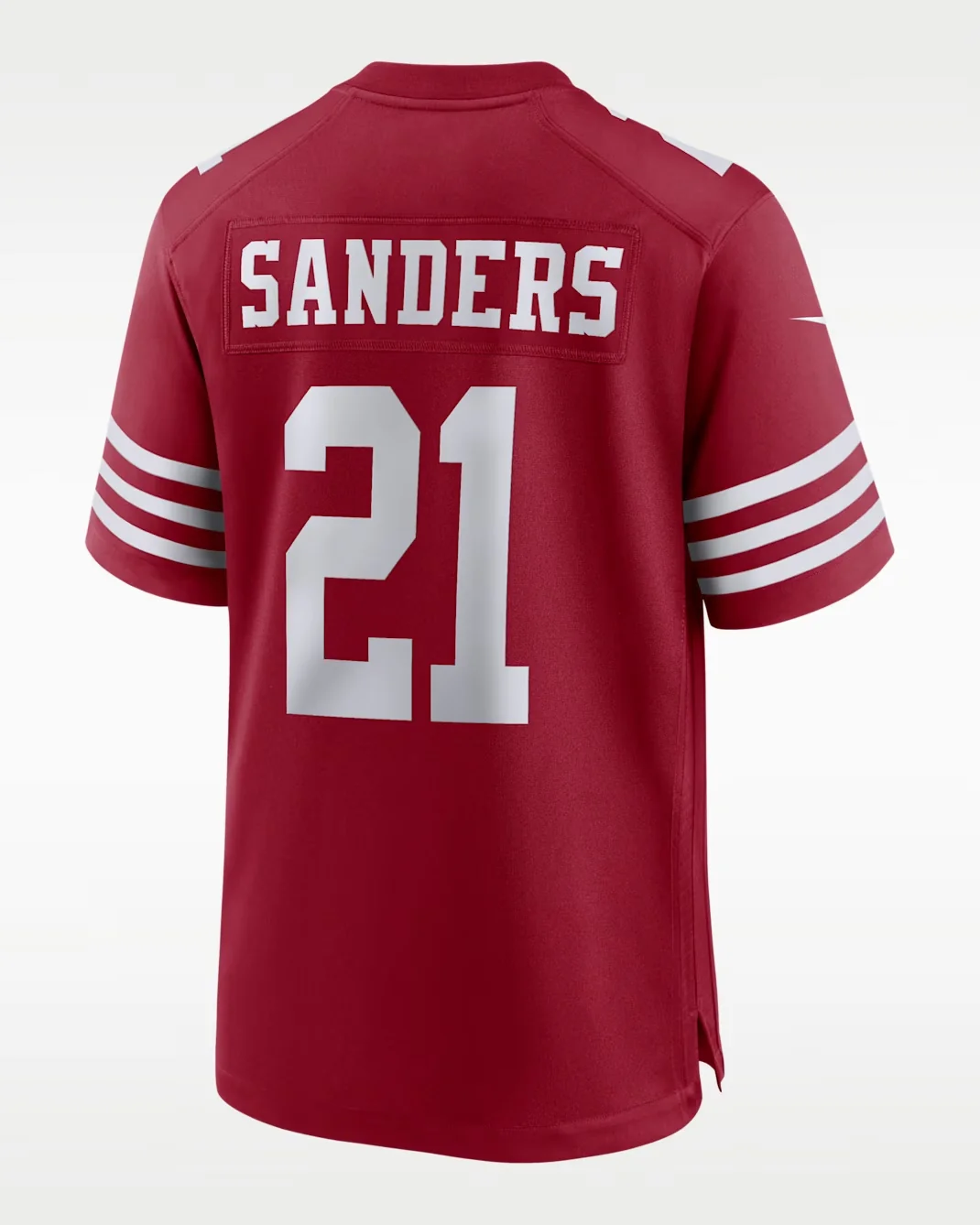 Back view of the Nike Deion Sanders San Francisco 49ers Scarlet jersey with Sanders name and white number 21.