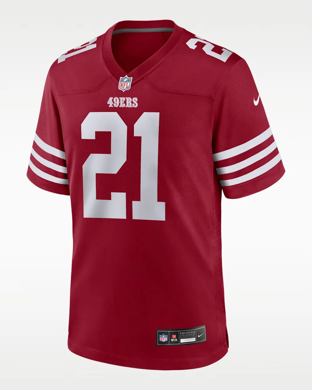 Front view of the Nike Deion Sanders San Francisco 49ers Scarlet jersey with white number 21 and sleeve stripes.