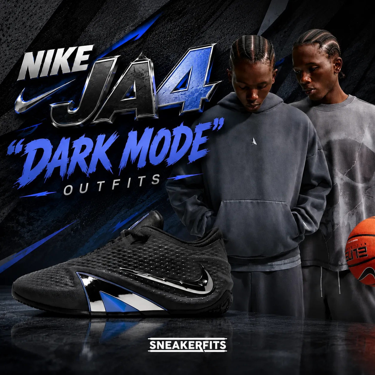 Nike Ja 4 Dark Mode sneakers with matching black and grey Nike Ja apparel outfit ideas.