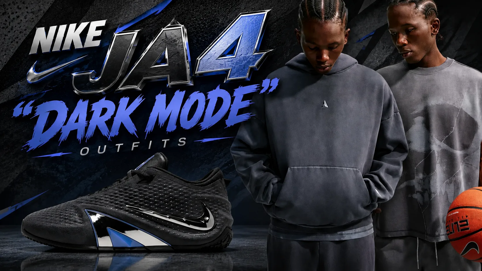 Nike Ja 4 Dark Mode sneakers with matching black and grey Nike Ja apparel.