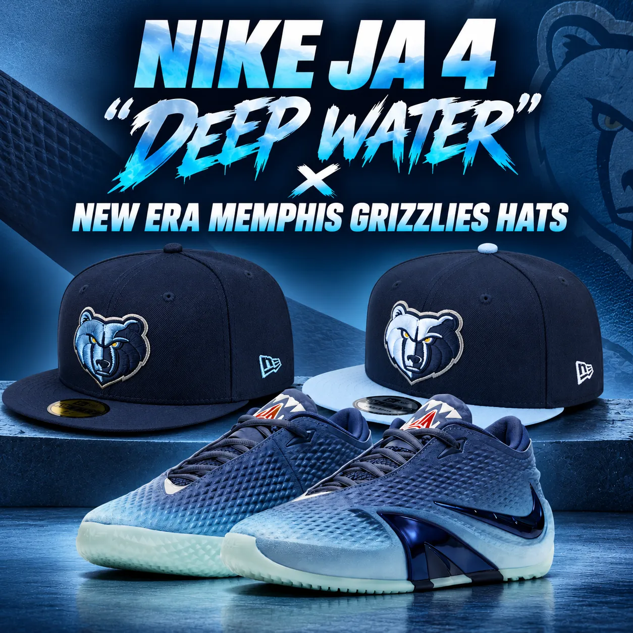 Nike Ja 4 Deep Water sneakers with New Era Memphis Grizzlies fitted and snapback hats