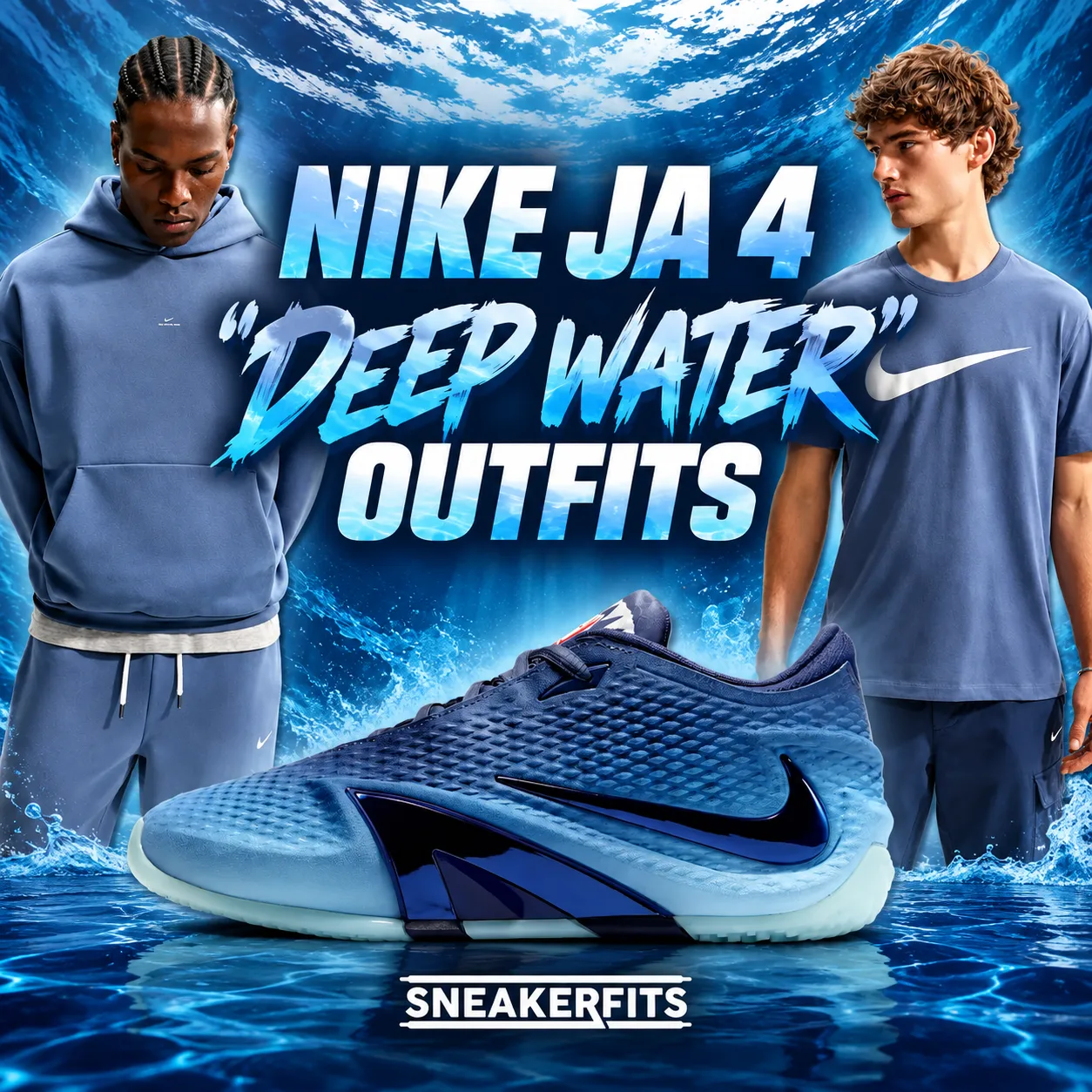 Nike Ja 4 Deep Water sneaker with matching blue Nike outfits and SneakerFits branding