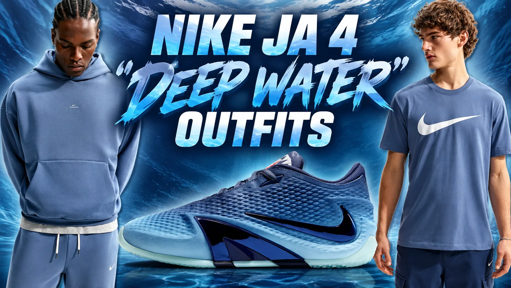 Nike Ja 4 Deep Water sneakers with matching blue Nike hoodie and T-shirt outfits
