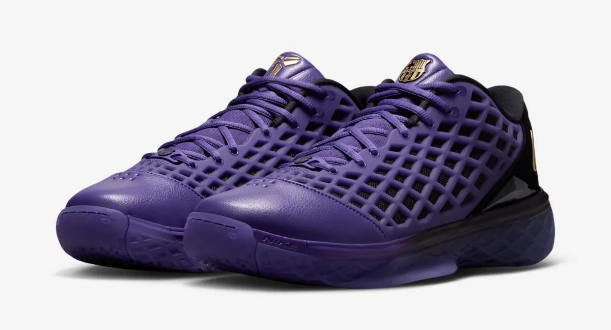 Pair of Nike Kobe 3 Low Protro FC Barcelona sneakers in Electric Purple, Black and Metallic Gold