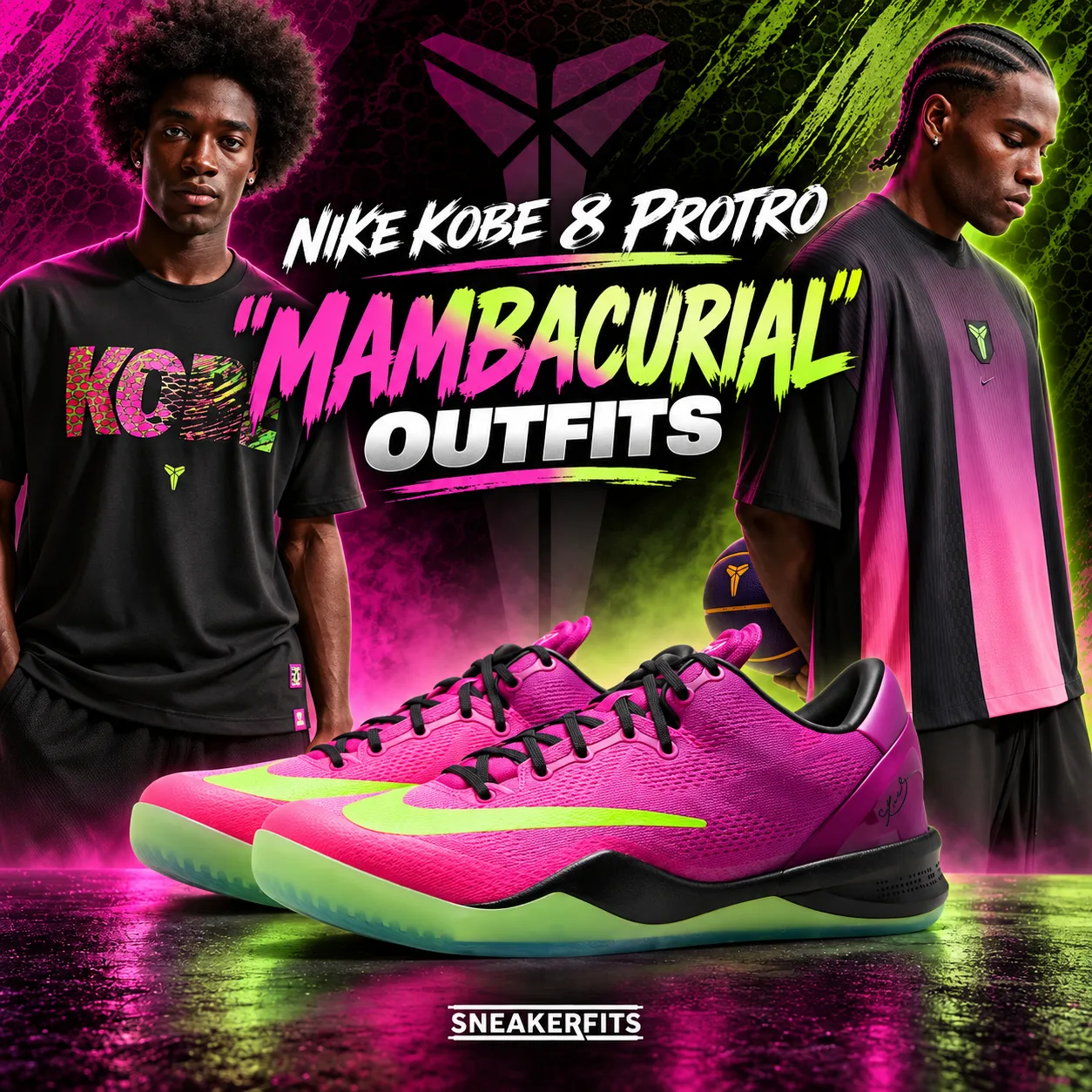 Nike Kobe 8 Protro Mambacurial outfits with matching pink, green and black Nike Kobe apparel.