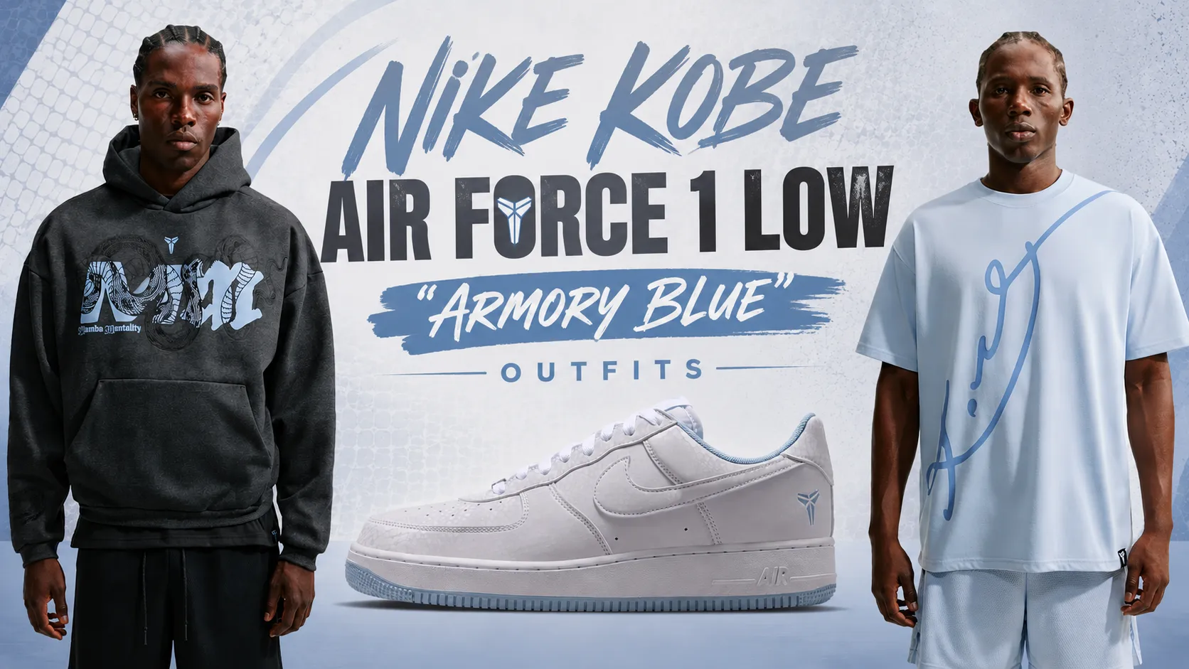 Nike Kobe Air Force 1 Low Armory Blue sneakers with matching Kobe hoodie and T-shirt outfit ideas.