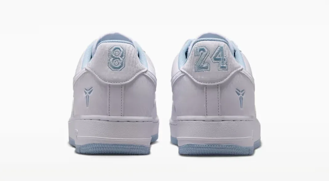 Nike Kobe Air Force 1 Low white and light blue heel view with 8 and 24