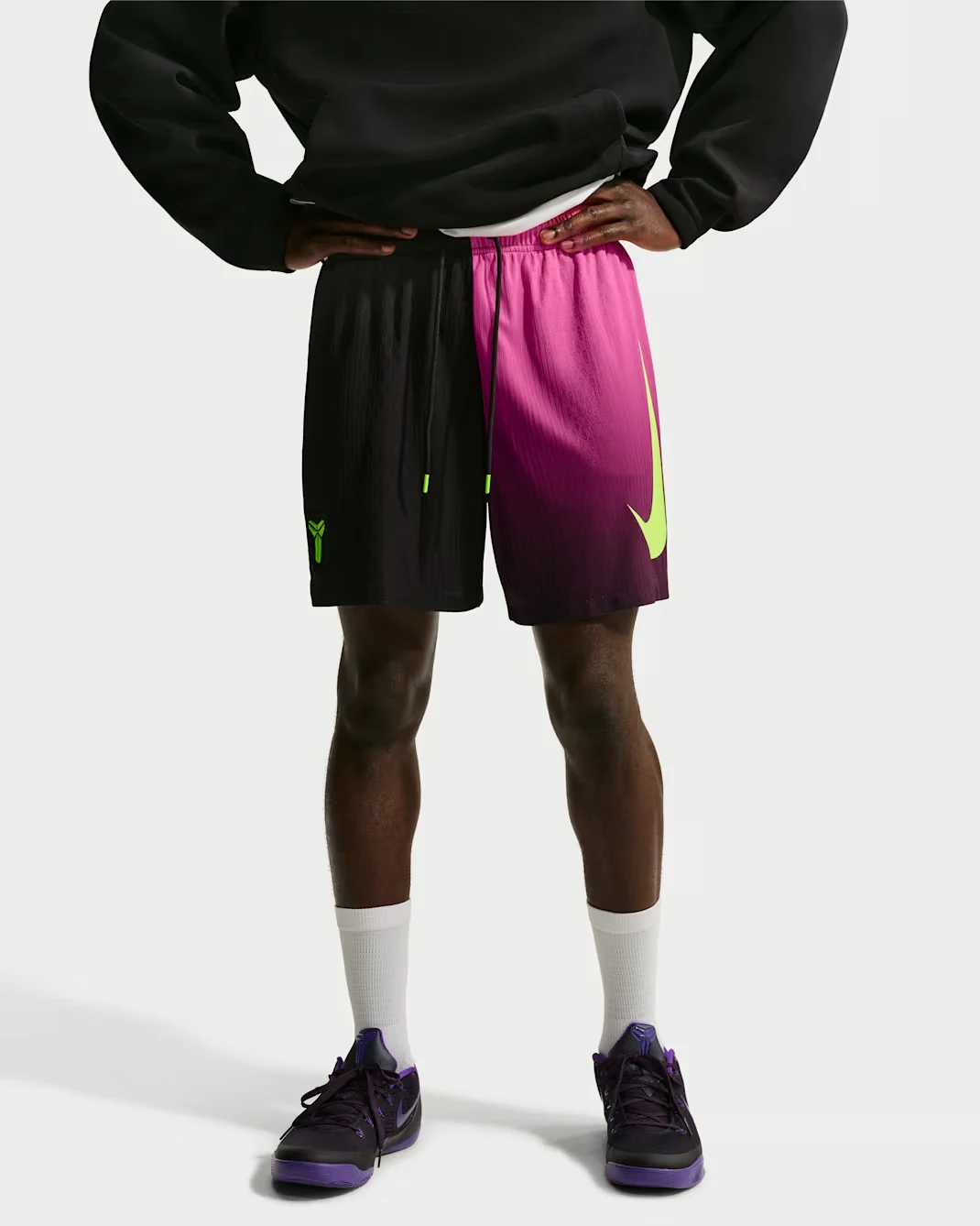 Nike Kobe black and fuchsia basketball shorts with lime green details styled in an outfit