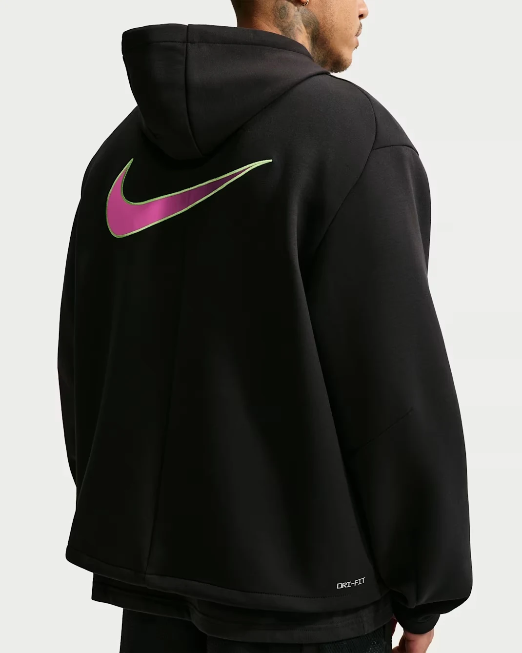 Back view of black Nike Kobe hoodie with fuchsia and lime Swoosh
