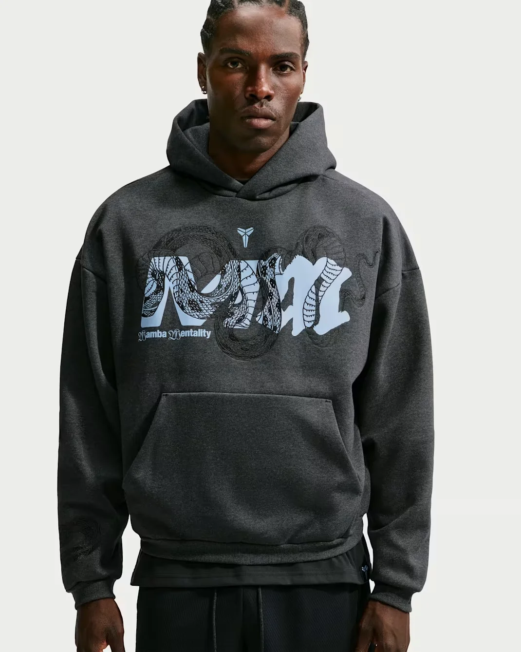 Dark gray Nike Kobe Mamba Mentality hoodie with light blue and black snake graphic.