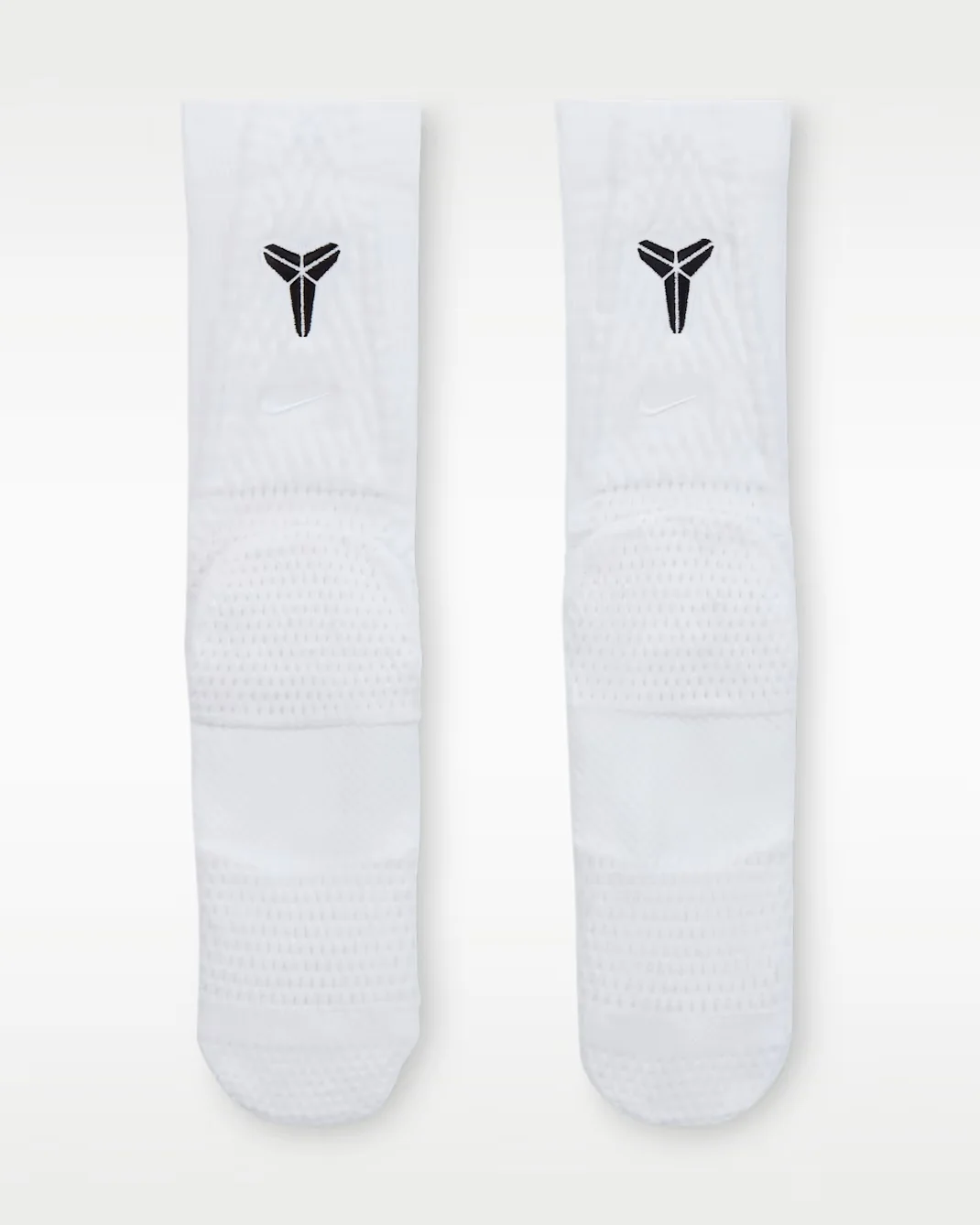 White Nike Kobe Unicorn Dri-FIT ADV crew socks with black Kobe logos, top view