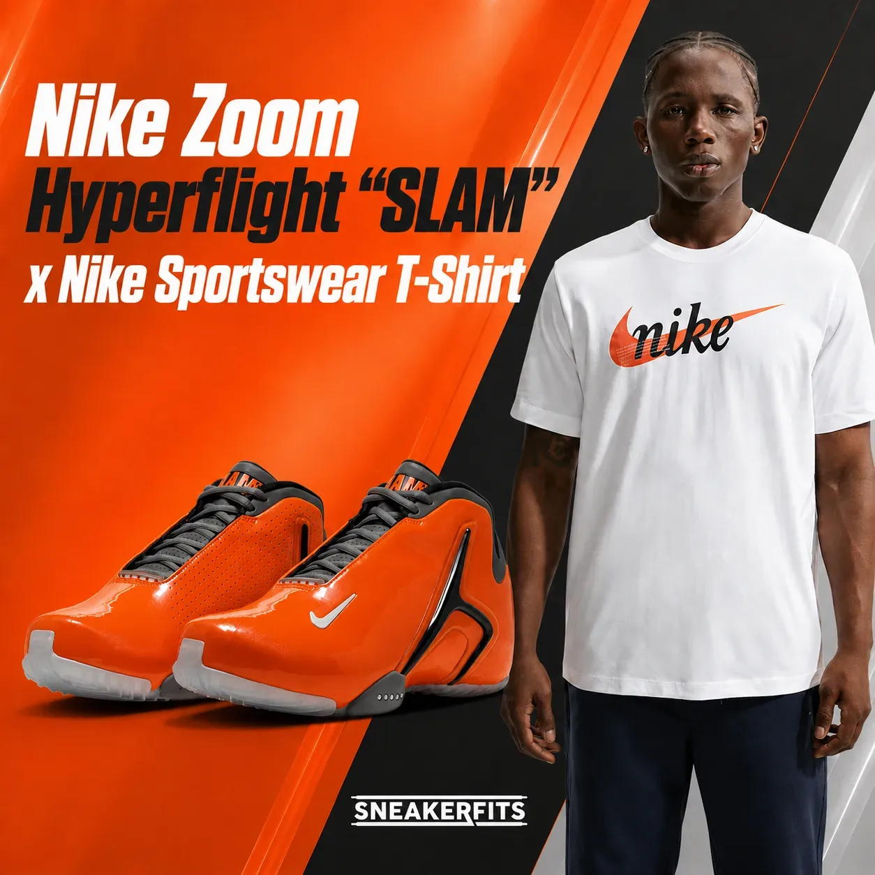 Nike Zoom Hyperflight “SLAM” sneakers with a white Nike Sportswear T-Shirt featuring an orange Swoosh