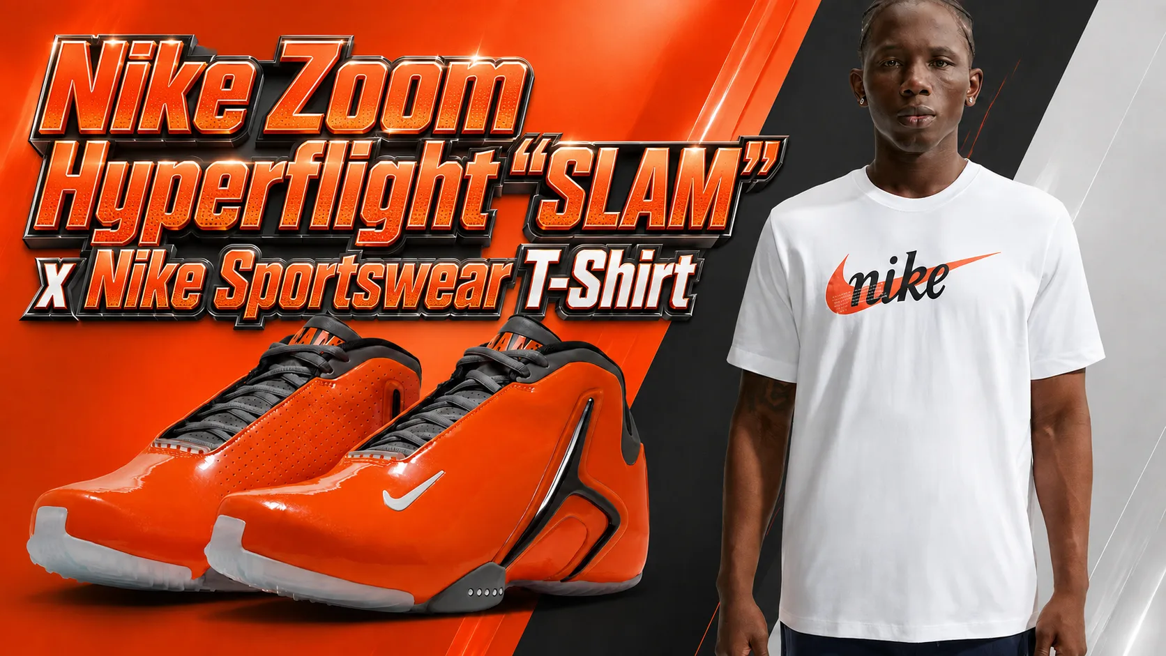 Nike Zoom Hyperflight “SLAM” sneakers with a white Nike Sportswear T-Shirt featuring an orange Swoosh