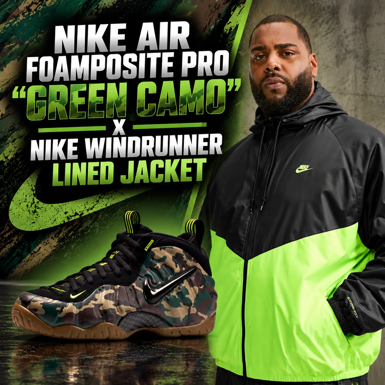 SneakerFits outfit featuring the Nike Air Foamposite Pro Green Camo with a black and green Nike Windrunner Lined Jacket.
