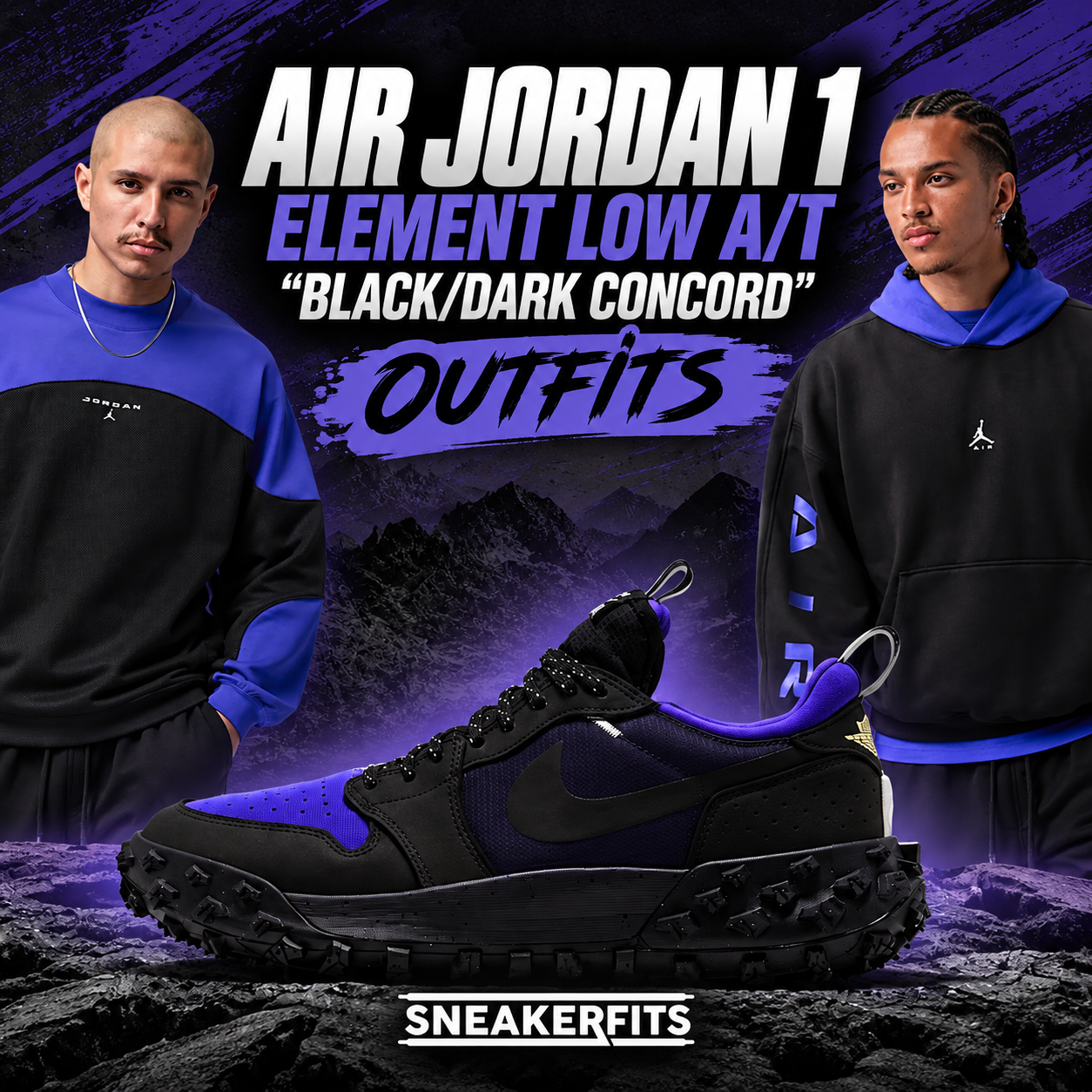 Air Jordan 1 Element Low A/T Black Dark Concord sneakers with matching Jordan Flight Mountainside long-sleeve top and Jordan Brooklyn Mountainside hoodie – SneakerFits