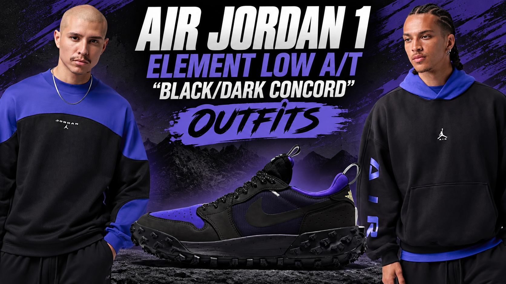 Air Jordan 1 Element Low A/T Black Dark Concord sneakers with matching Jordan Flight Mountainside long-sleeve top and Jordan Brooklyn Mountainside hoodie.