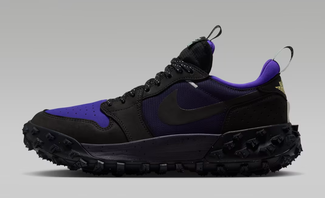 Air Jordan 1 Element Low A/T Black Dark Concord sneakers featuring purple accents and a rugged outsole.