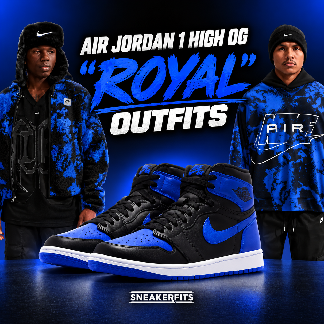 Air Jordan 1 High OG Royal sneakers in Black, White and Game Royal with matching Nike Air blue and black fleece jacket and jersey outfits – SneakerFits