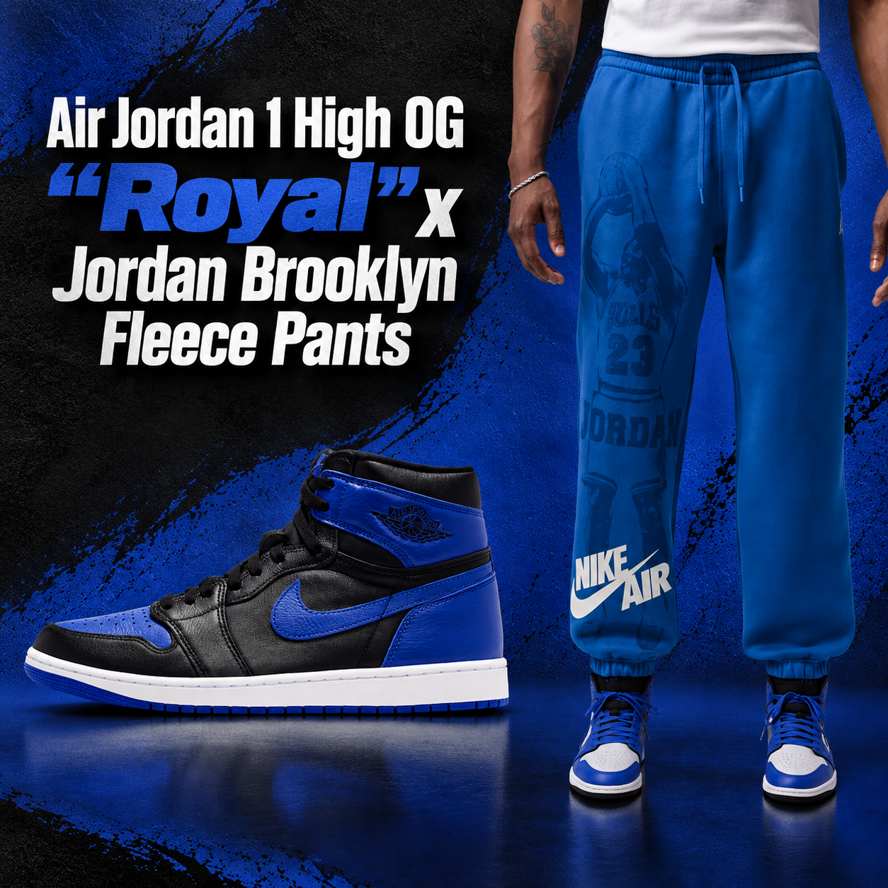 Air Jordan 1 High OG Royal black and blue sneakers paired with royal blue Jordan Brooklyn Fleece Pants featuring Nike Air branding and Michael Jordan graphics.