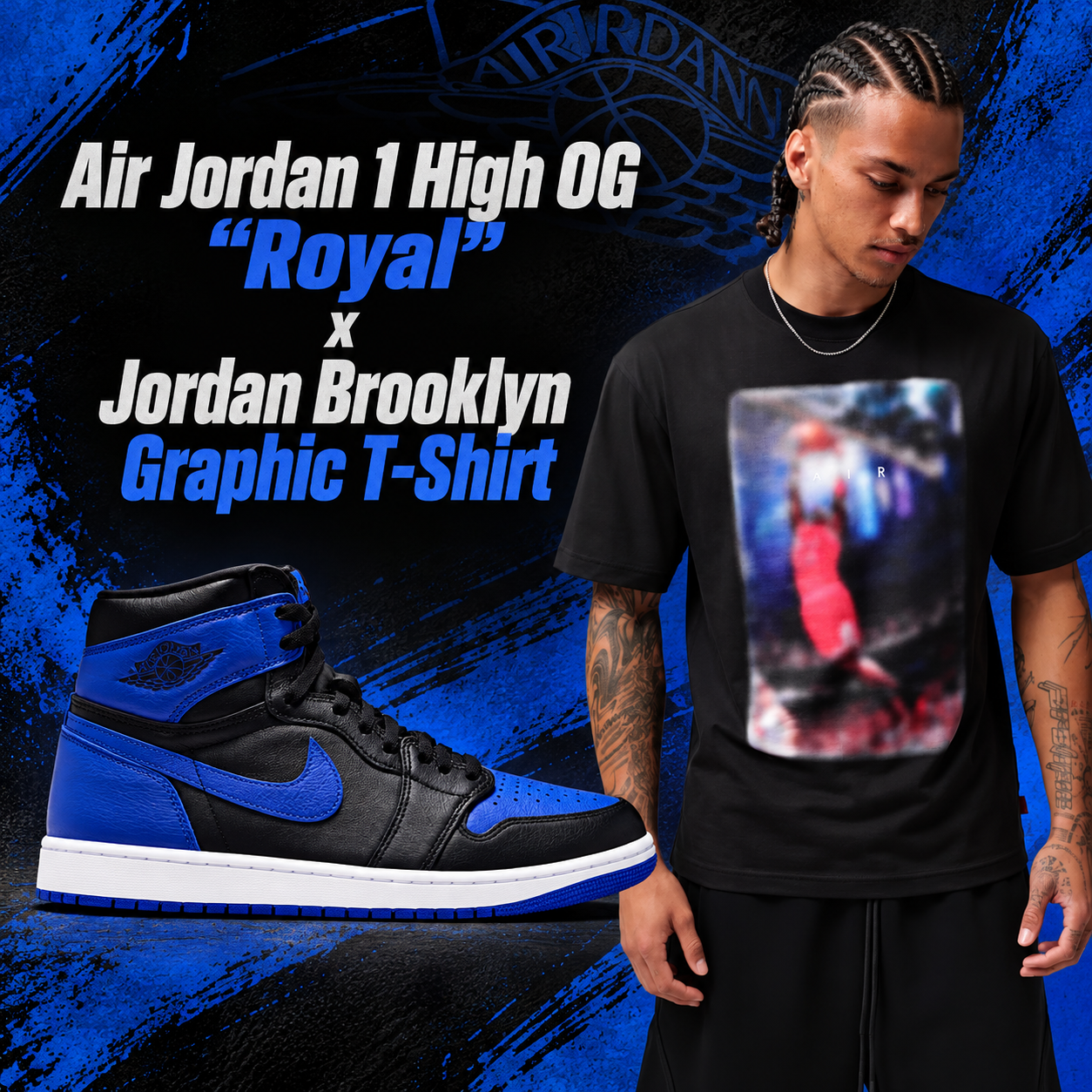 Air Jordan 1 High OG Royal black and blue sneakers paired with a black Jordan Brooklyn Graphic T-Shirt featuring a multicolor basketball graphic.