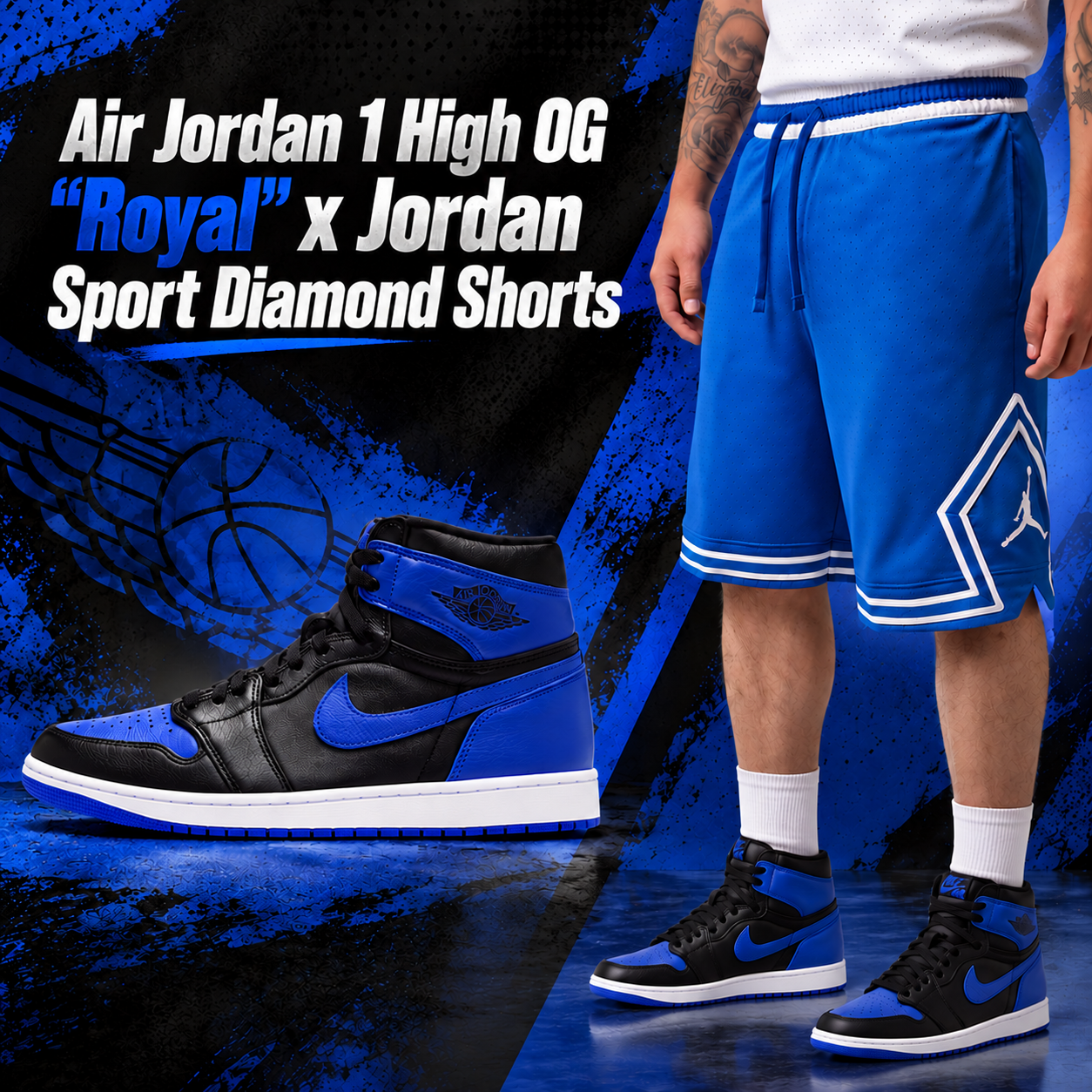 Air Jordan 1 High OG "Royal" sneakers in black and royal blue paired with matching royal blue Jordan Sport Diamond Shorts.