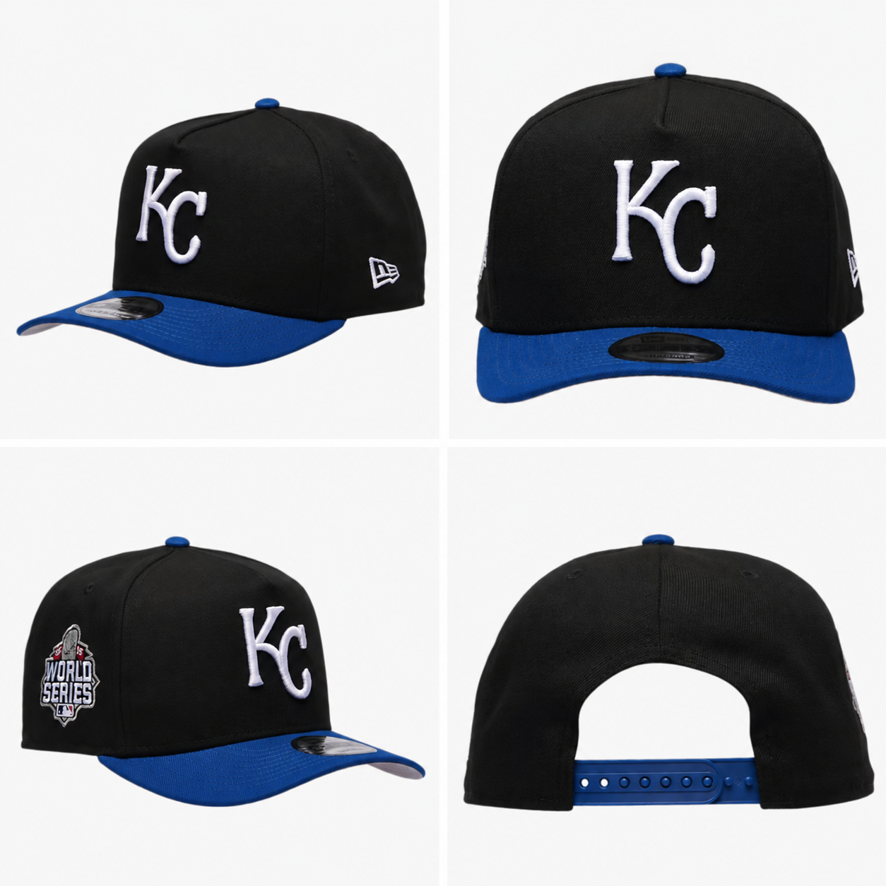 Kansas City Royals New Era snapback hat in black and royal blue with a white KC logo, matching the Air Jordan 1 High OG “Royal” sneakers through coordinating black, blue, and white colors.
