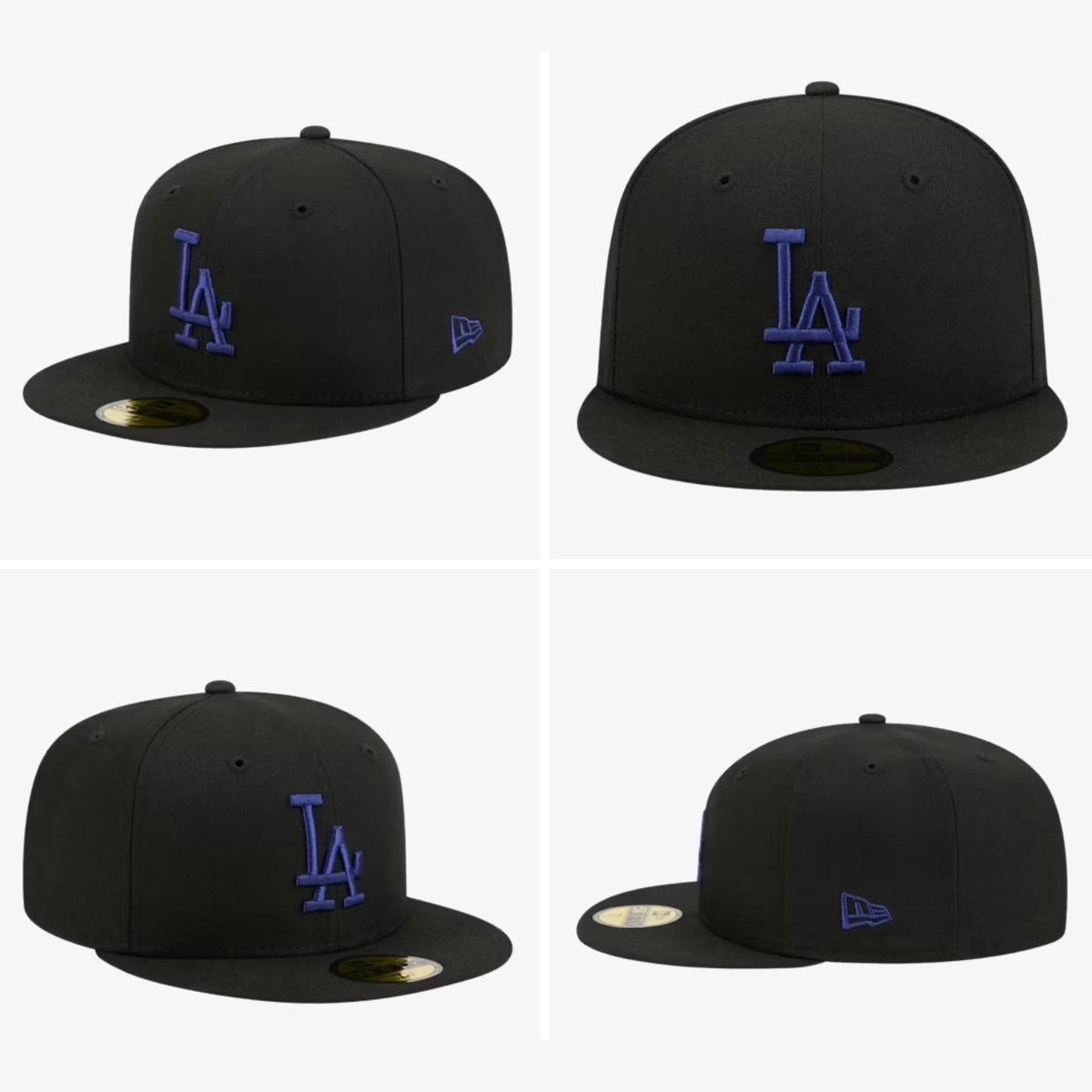 Four views of a black Los Angeles Dodgers New Era fitted hat with a royal blue LA logo, matching the Air Jordan 1 High OG “Royal” sneakers.