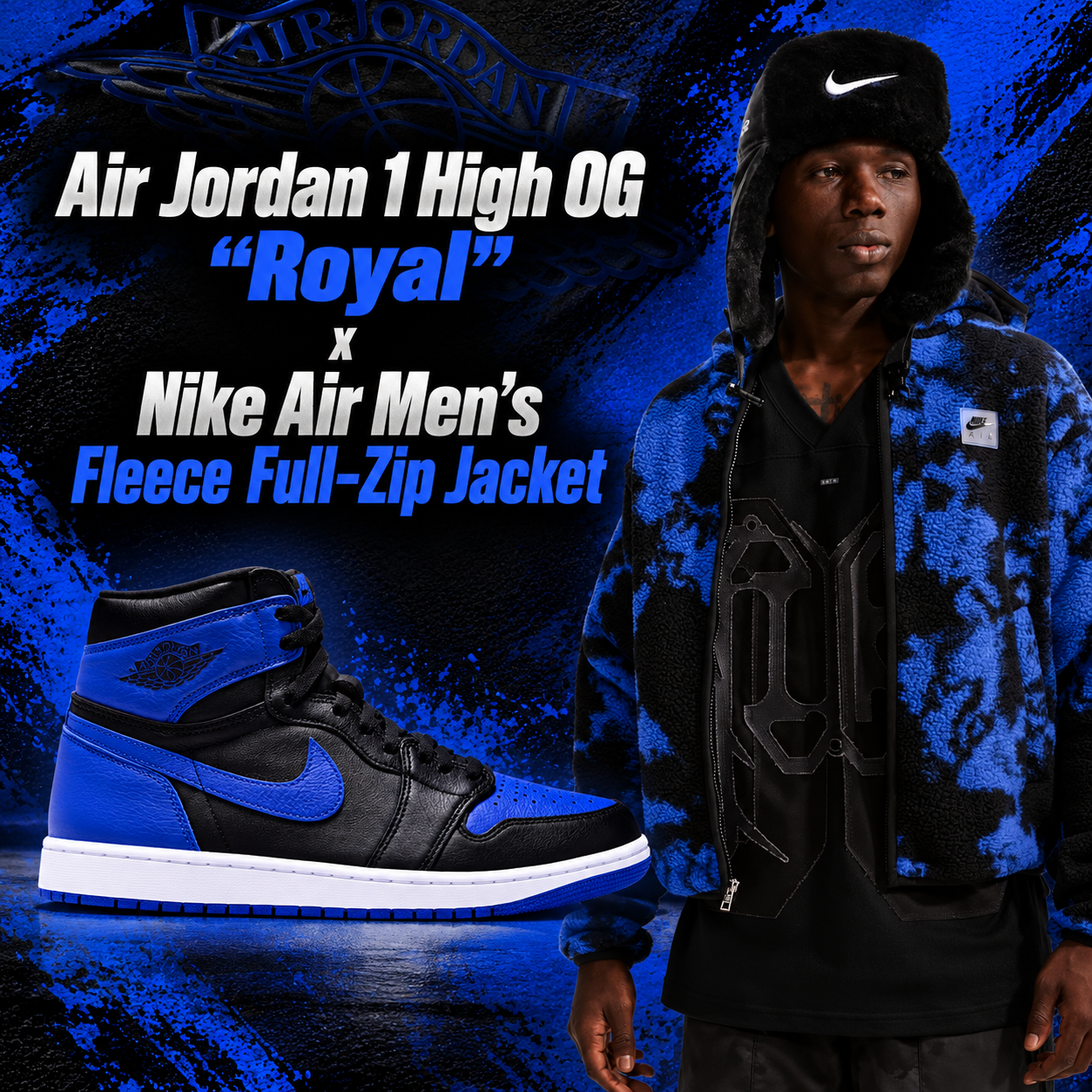 Air Jordan 1 High OG "Royal" black and blue sneakers paired with a Nike Air men's fleece full-zip jacket in royal blue and black.
