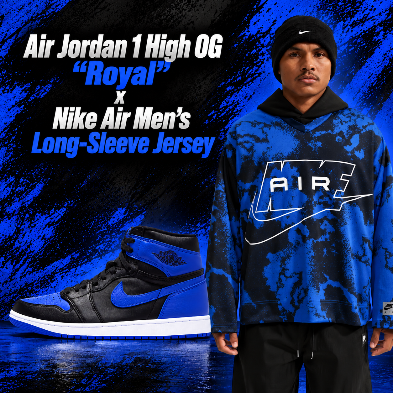 Air Jordan 1 High OG Royal sneakers in black and blue paired with a Nike Air men’s long-sleeve jersey featuring a matching royal blue and black graphic pattern.