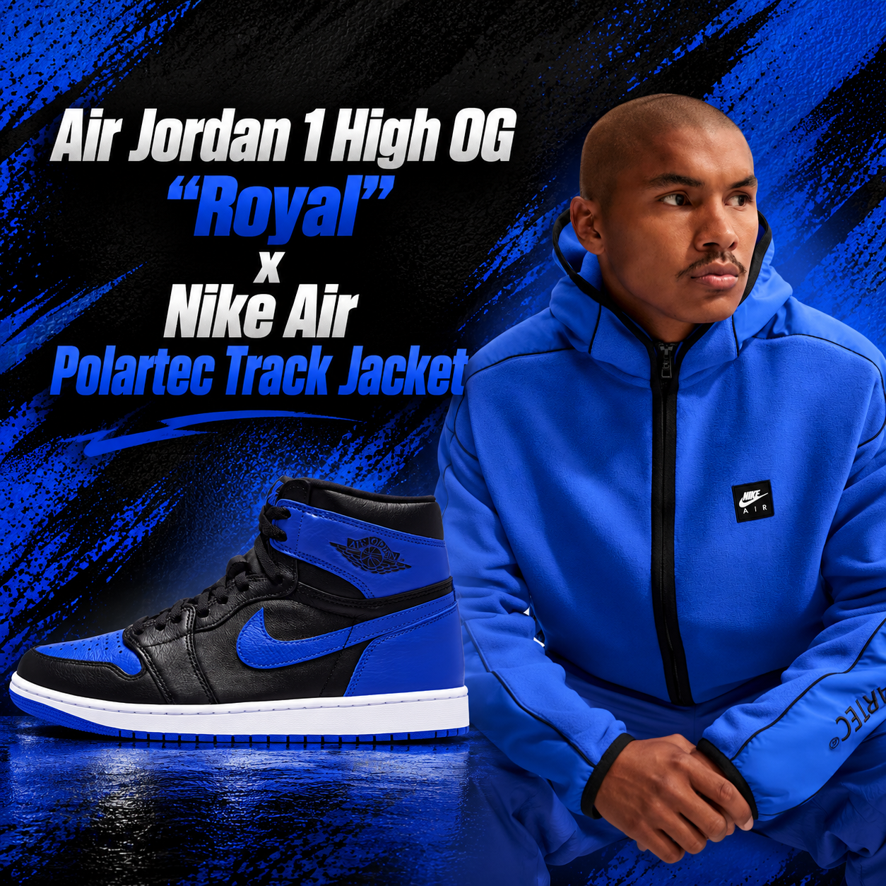 Air Jordan 1 High OG Royal sneakers in black and blue paired with a royal blue Nike Air Polartec Track Jacket with black zipper and Nike Air chest logo.