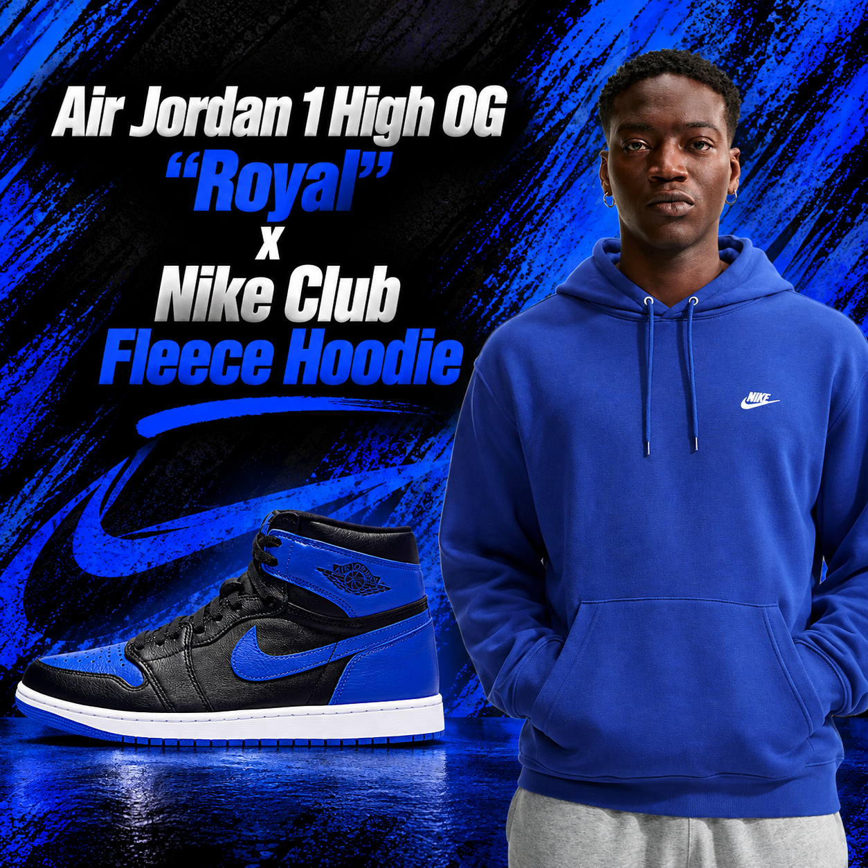 Air Jordan 1 High OG Royal sneakers in black and royal blue paired with a Nike Club Fleece Hoodie in royal blue with a white Nike logo.