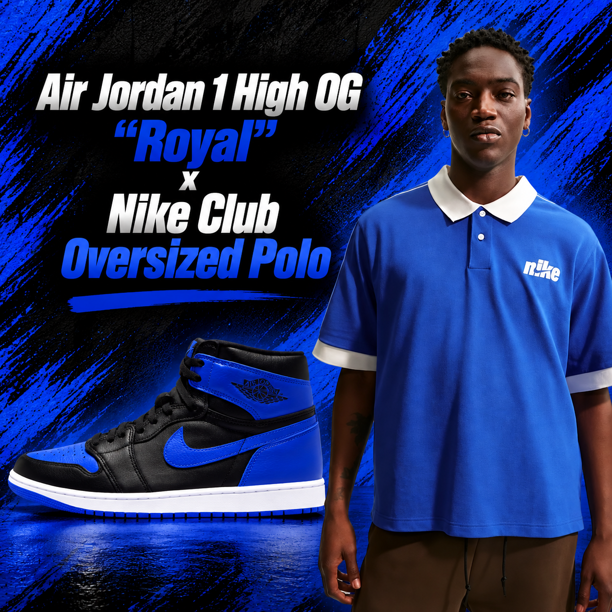 Air Jordan 1 High OG Royal black and blue sneakers paired with a royal blue Nike Club Oversized Polo featuring a white collar and sleeve cuffs.