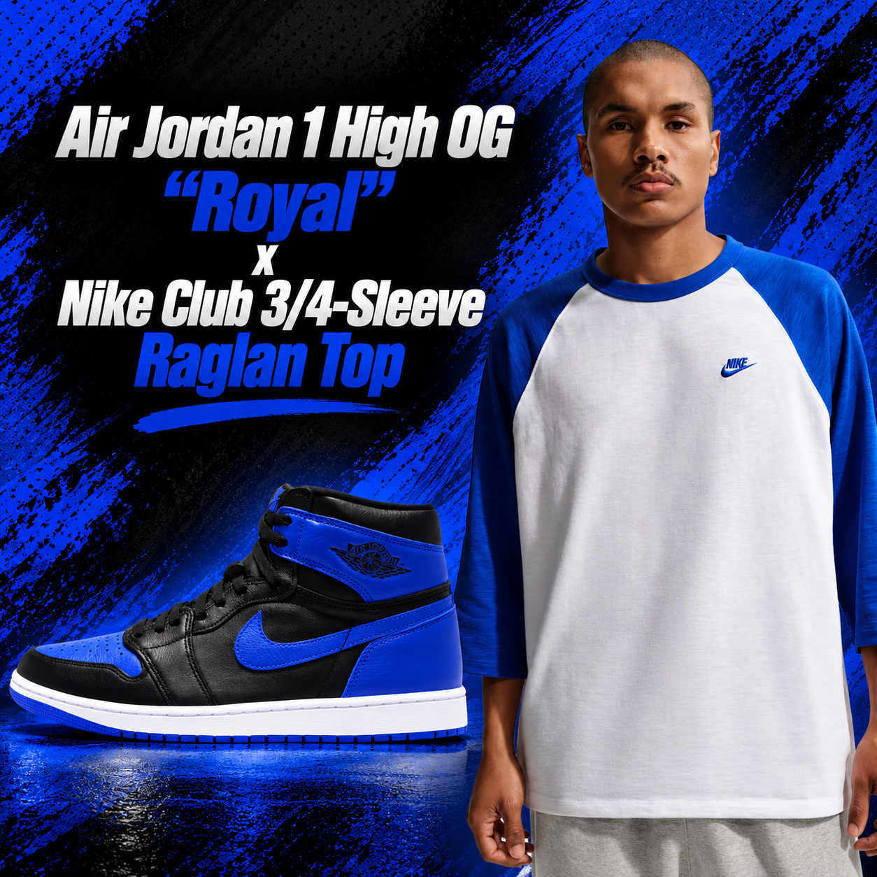 Air Jordan 1 High OG Royal sneakers in black and blue paired with a Nike Club white and royal blue 3/4-sleeve raglan top.
