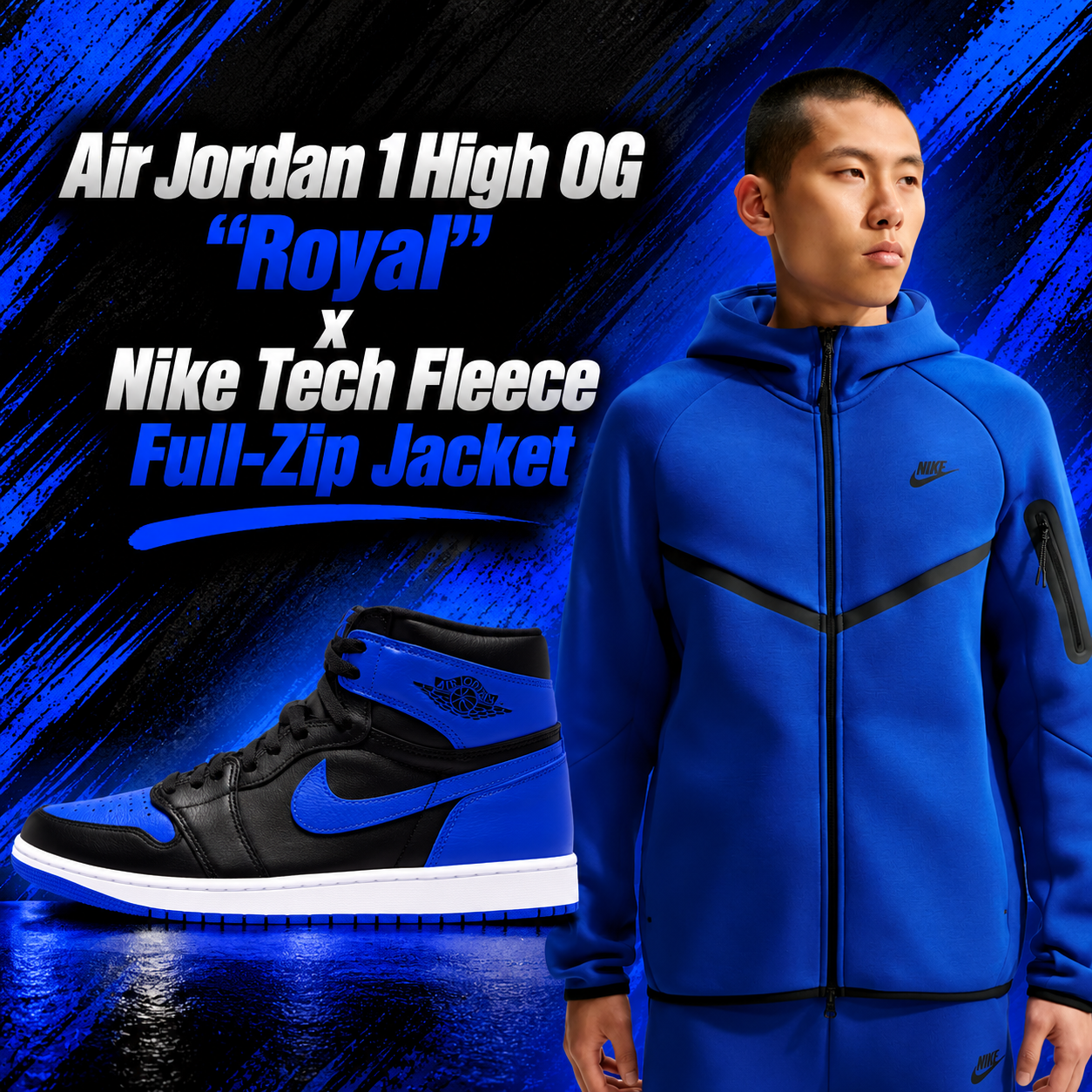 Air Jordan 1 High OG “Royal” black and blue sneakers paired with a royal blue Nike Tech Fleece Full-Zip Jacket.