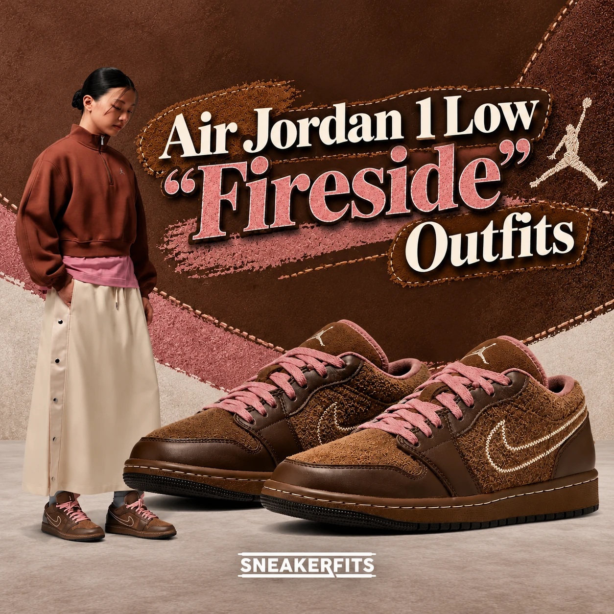 Air Jordan 1 Low Fireside outfits featuring brown and pink sneakers, matching women's Jordan apparel and fall outfit inspiration by SneakerFits
