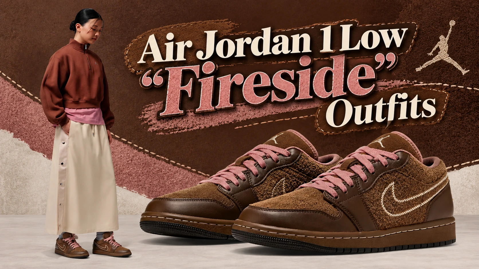 Air Jordan 1 Low Fireside outfits featuring brown and pink sneakers with matching women's Jordan Brand apparel.