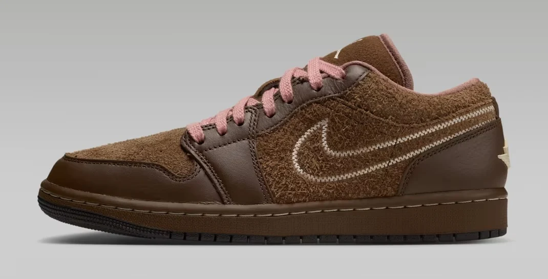 Air Jordan 1 Low SE Fireside women's sneaker featuring brown leather, textured brown suede, pink laces and an embroidered Swoosh.