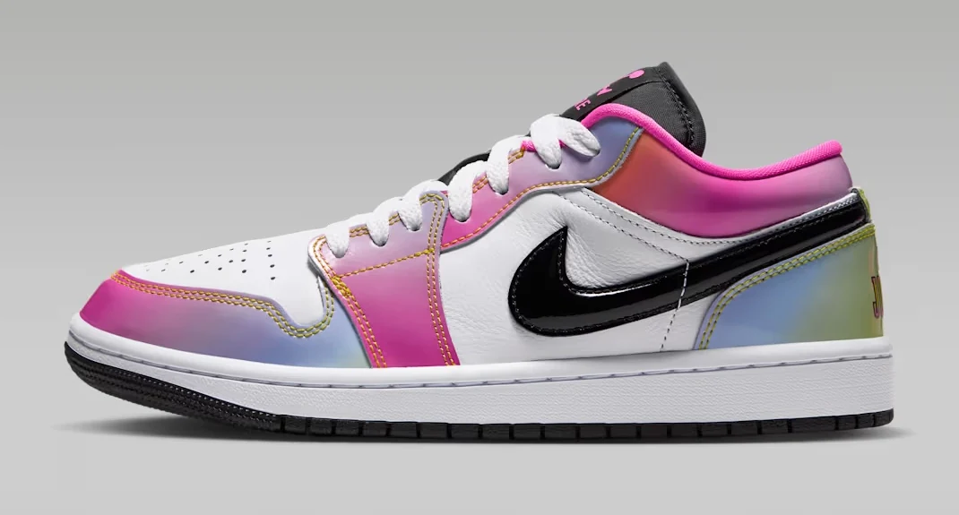 Air Jordan 1 Low SE Lola Bunny release date sneaker featuring white leather, pink iridescent overlays, yellow stitching and a black Nike Swoosh.
