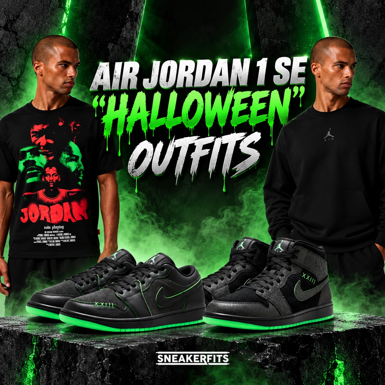 Air Jordan 1 SE Halloween outfits featuring black and green sneakers with matching Jordan apparel