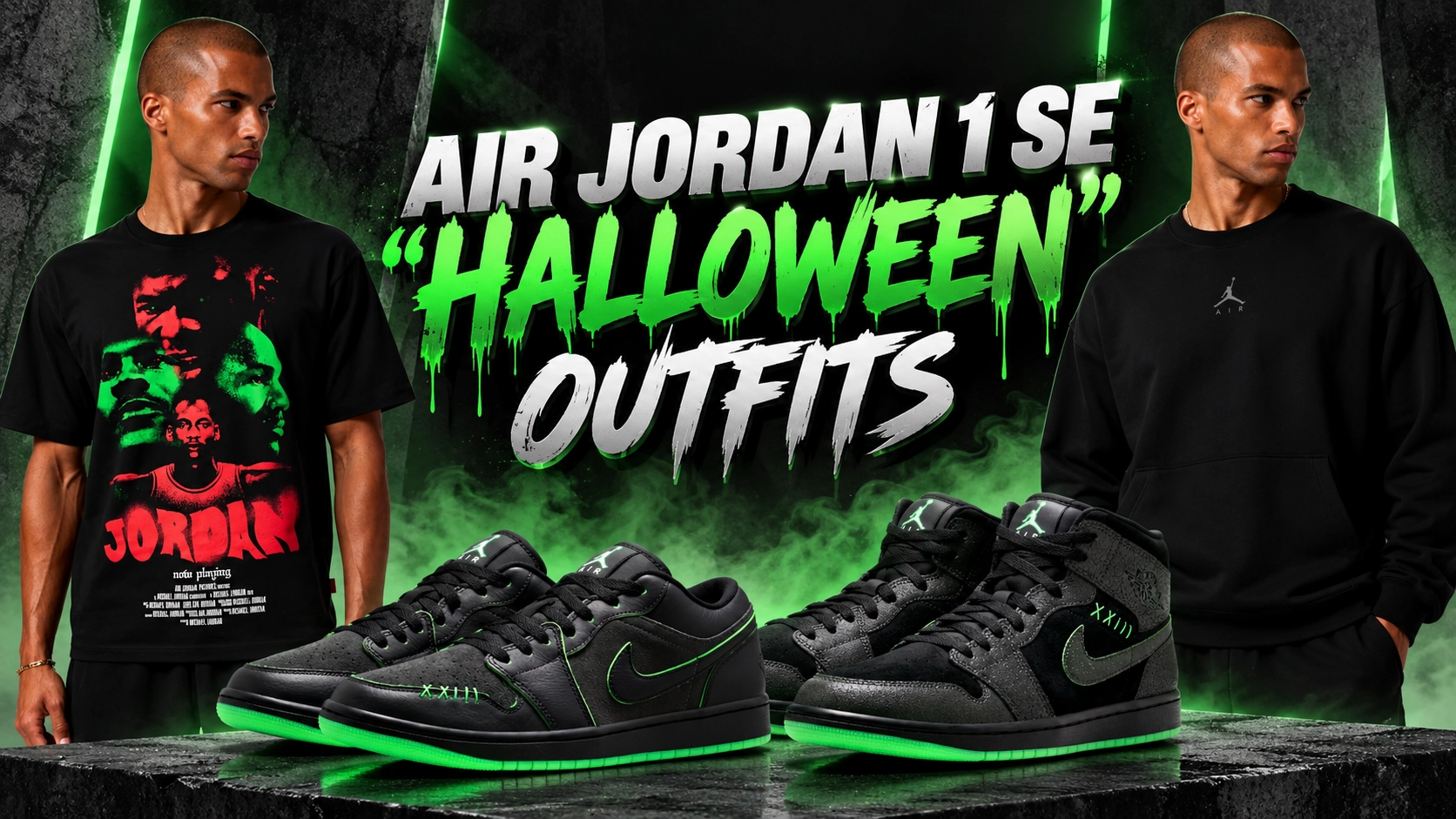 Air Jordan 1 SE Halloween outfits with black and green sneakers and matching Jordan apparel