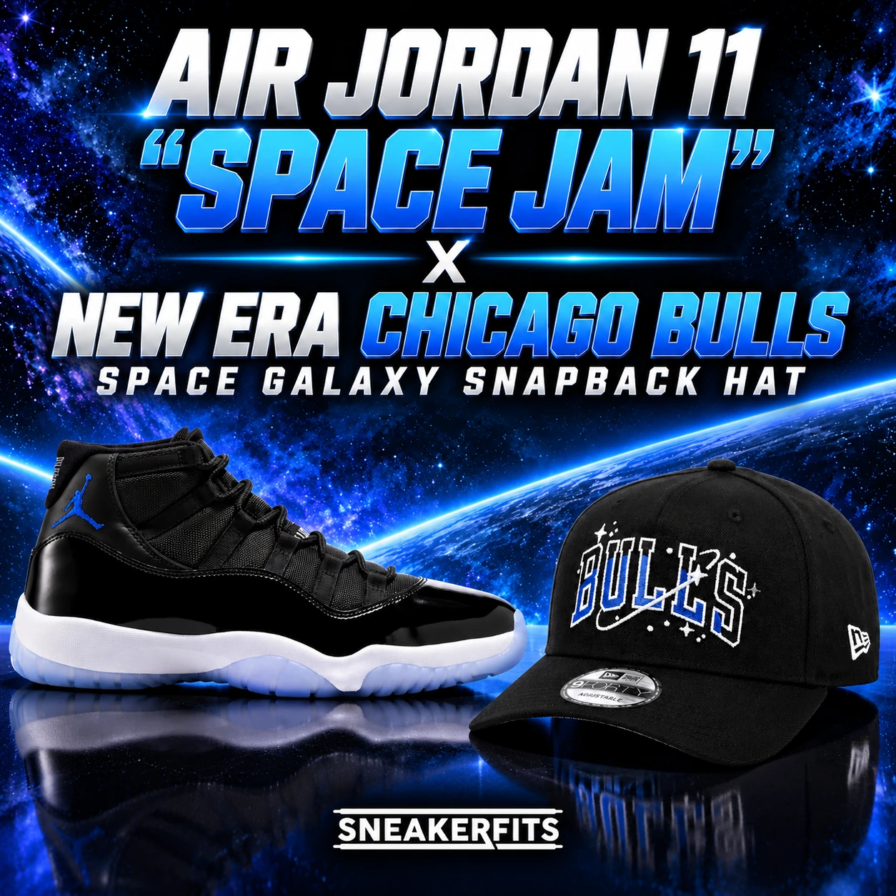 Air Jordan 11 Space Jam 2026 black and blue sneakers paired with a New Era Chicago Bulls Space Galaxy snapback hat featuring matching blue and white embroidery.