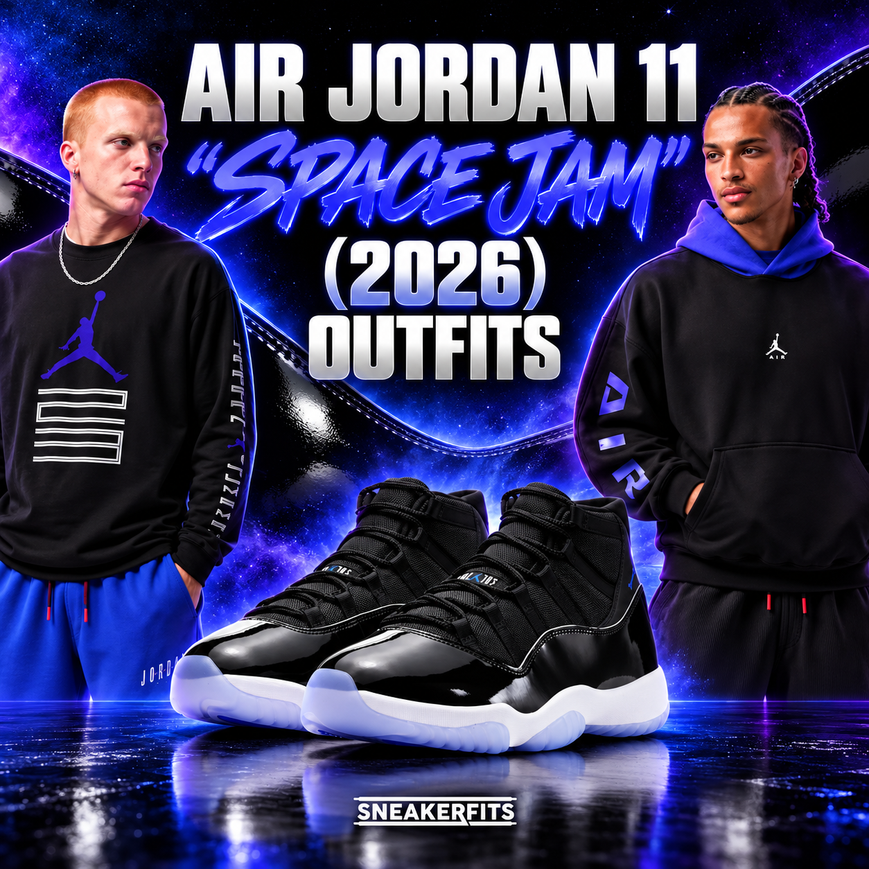 Air Jordan 11 “Space Jam” (2026) sneakers with matching black and Concord Jordan outfits
