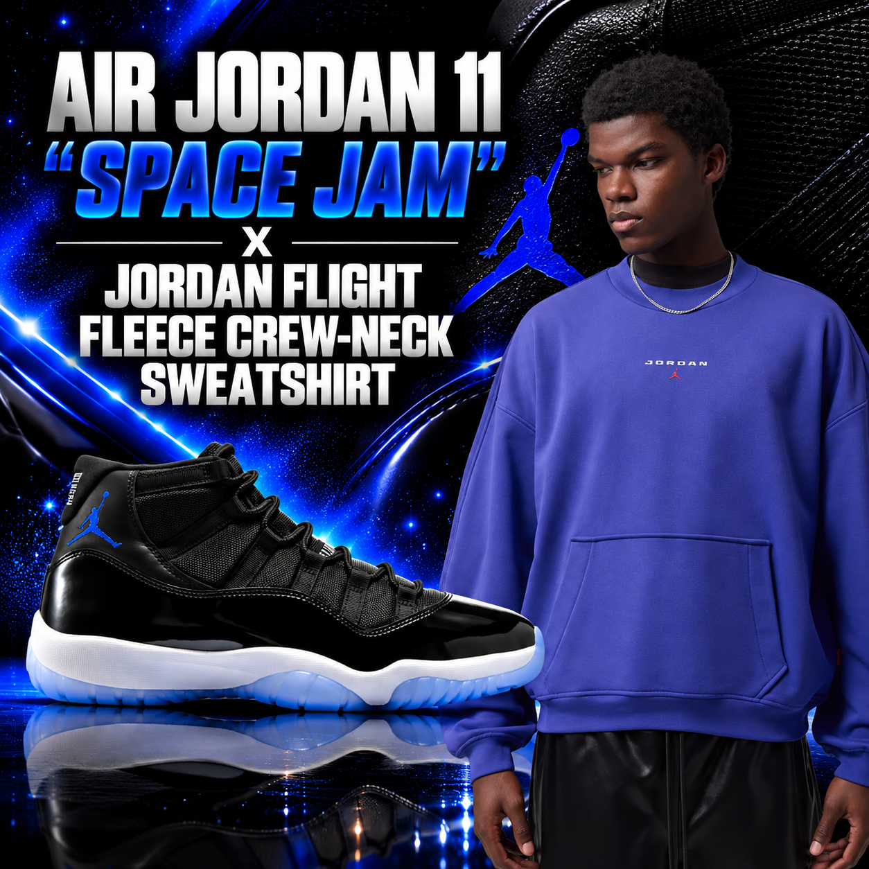 Air Jordan 11 “Space Jam” with Jordan Flight Fleece Crew-Neck Sweatshirt outfit match | SneakerFits