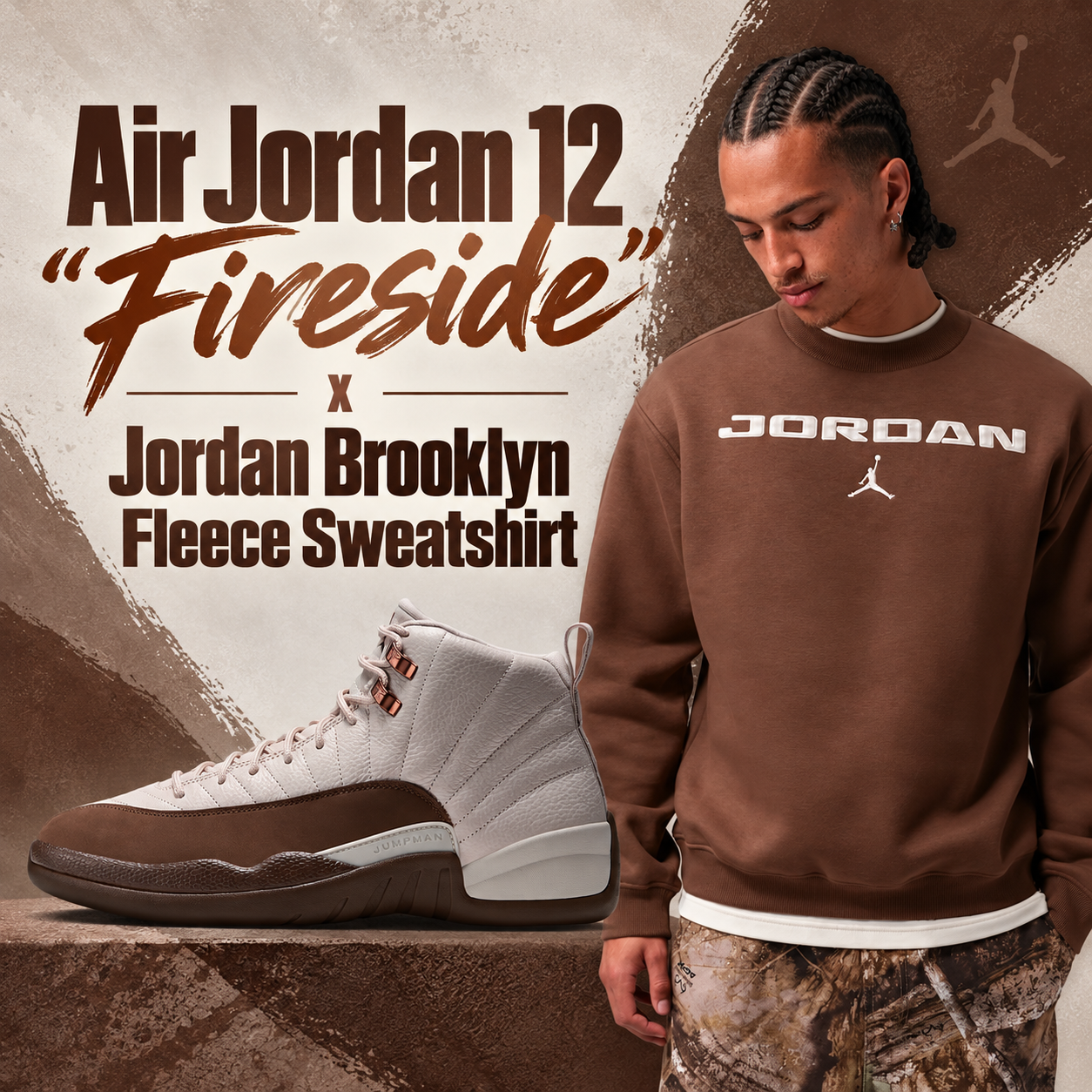Air Jordan 12 Fireside sneakers in Light Orewood Brown and Cacao Wow paired with a model wearing the Jordan Brooklyn Fleece Sweatshirt in Fauna Brown