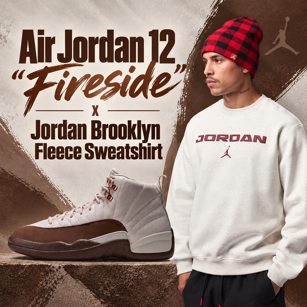 Air Jordan 12 “Fireside” sneakers paired with a Jordan Brooklyn Fleece Sweatshirt in Sail Heather with Fauna Brown accents
