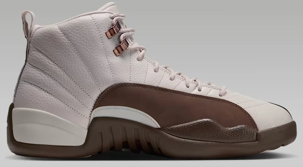 Air Jordan 12 Fireside medial side view featuring Light Orewood Brown leather, Cacao Wow overlays and metallic lace hooks