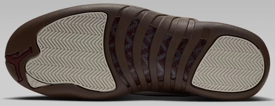 Bottom view of the Air Jordan 12 Fireside showing the Cacao Wow brown outsole, light traction panels and Jumpman logo